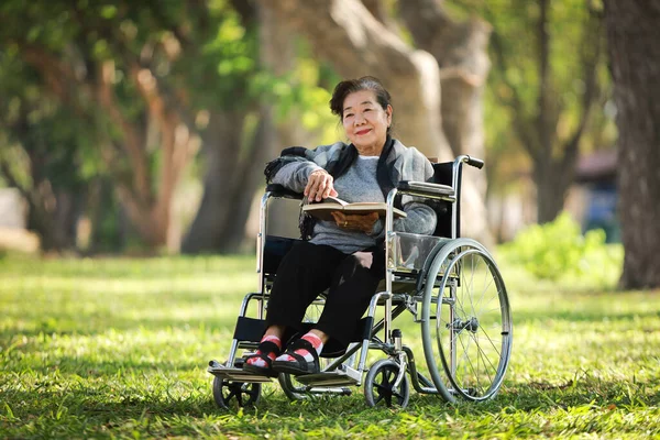 公園で本を読んで車椅子に座っているアジアのシニア女性 ストック画像
