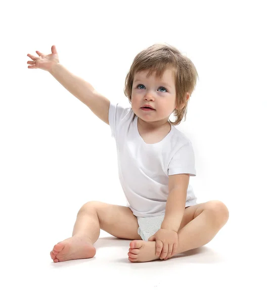 Cute Child Years Sits Shows His Hand Aside Isolated White — Stock Photo, Image