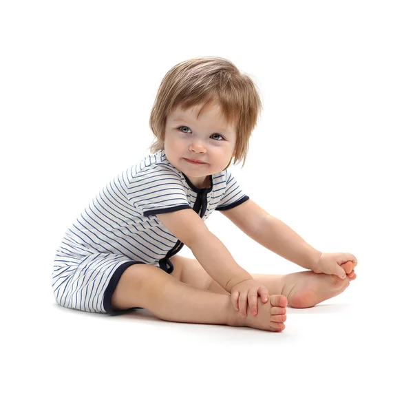 Beautiful Baby Years Old Performs Stretching Exercises Isolated White Background — Stock Photo, Image