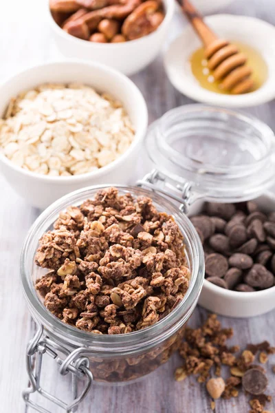 Homemade chocolate granola ingredients — Stock Photo, Image
