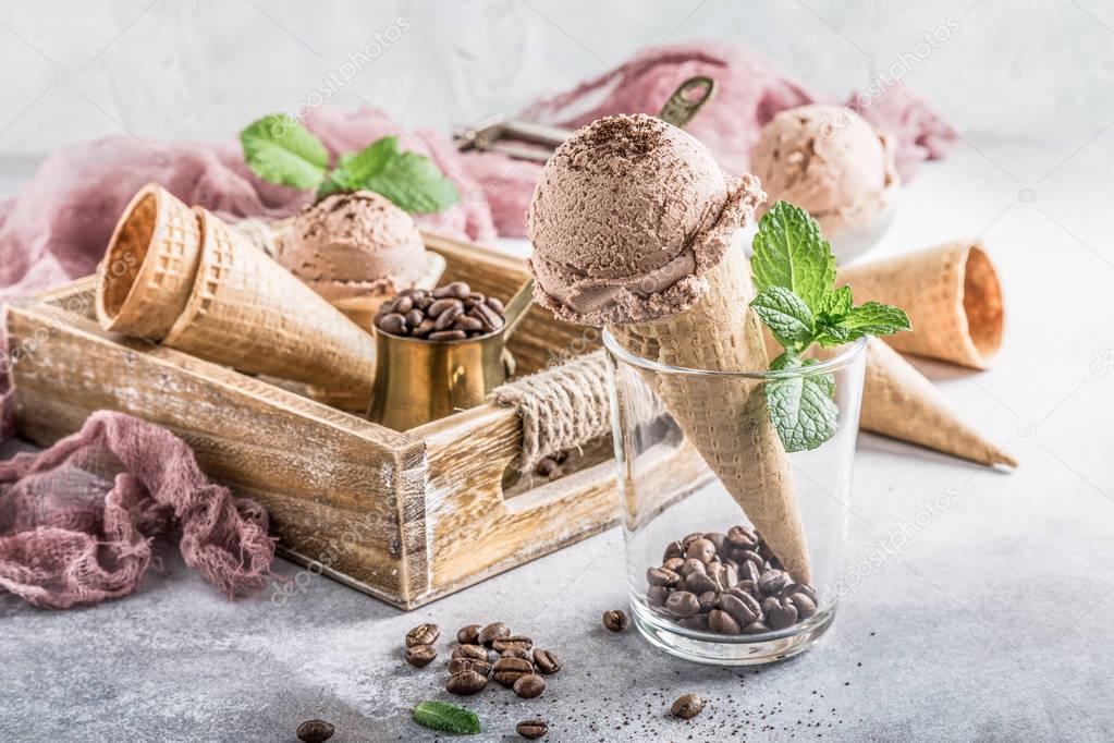 Waffle cones with coffee ice cream