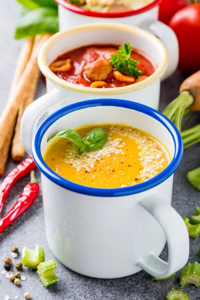 Sopas caseiras variadas com ingredientes — Fotografia de Stock