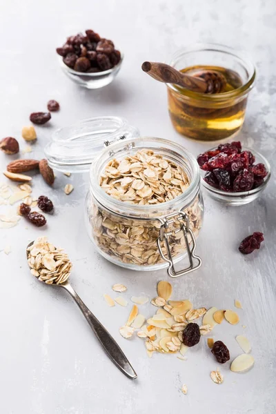 Zutaten für hausgemachtes Haferflocken-Müsli — Stockfoto