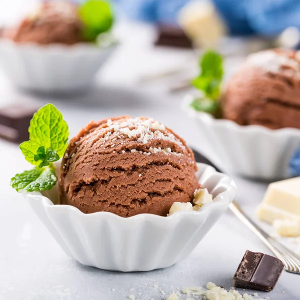 Chocolate ice cream in white bowl. — Stock Photo, Image