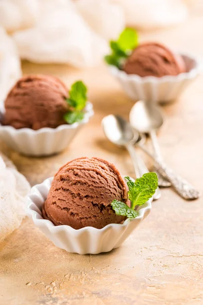 Gelato al cioccolato in ciotola bianca . — Foto Stock