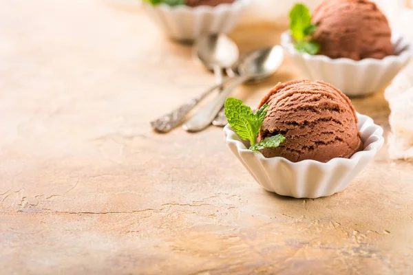 Chocolate ice cream in white bowl. — Stock Photo, Image
