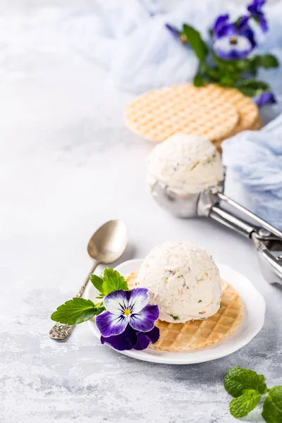 Vanilla ice cream with edible flowers — Stock Photo, Image