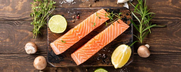 Fresh raw salmon fillet, flat lay
