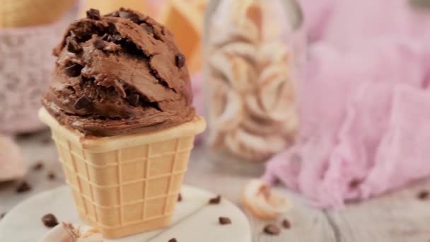 Delicious chocolate ice cream for dessert — Stock Video