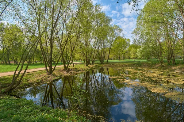 莫斯科Yuzhnoye Medvedkovo区池塘上的春景 — 图库照片