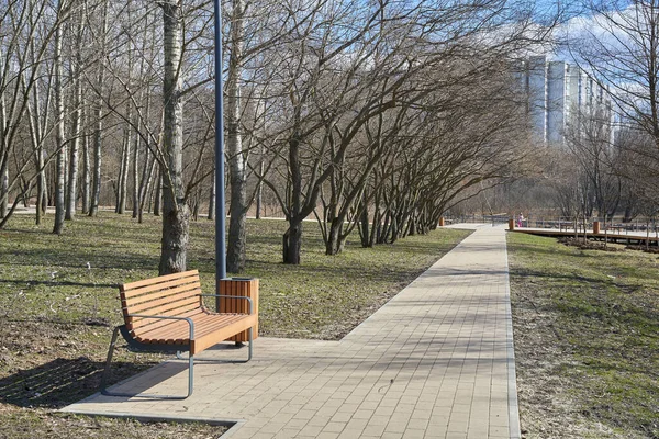 Вид Парк Весной Пешеходной Дорожкой Скамейкой Южном Медведковском Районе Москва — стоковое фото