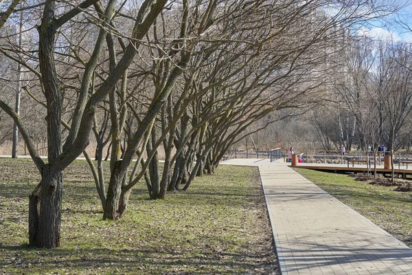 Vista Del Parco Primavera Con Passerella Piedistallo Nel Distretto Yuzhnoye — Foto Stock