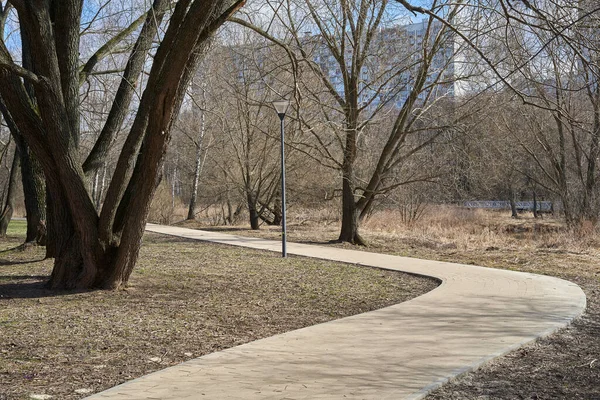 Widok Park Wiosną Deptakiem Dzielnicy Jużnoje Miedwiedkowo Moskwa — Zdjęcie stockowe