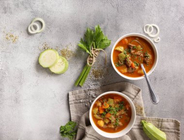 Rus mutfağı. Biftek, kabak, patates, havuç, soğan ve otlu çorba. Açık gri arka planda, koyu beyaz bir kasede ilk yemek. Bir demet kereviz. Üst Manzara. Arkaplan resmi, alanı kopyala