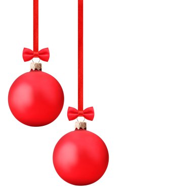 kırmızı kurdele kırpma yolu üzerinde asılı yay ile kırmızı Noel topları