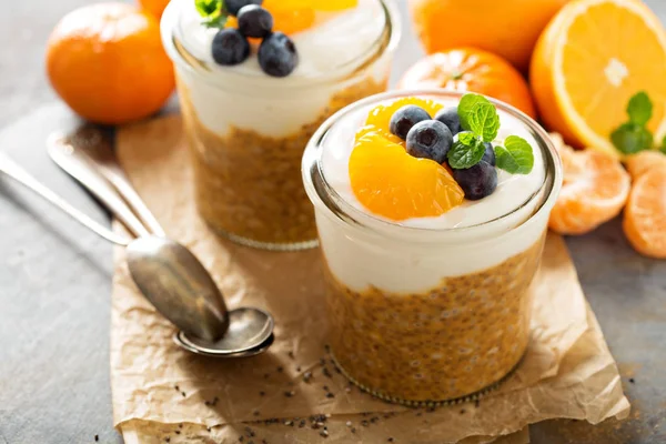 Orangen-Chia-Pudding mit Kokosjoghurt — Stockfoto