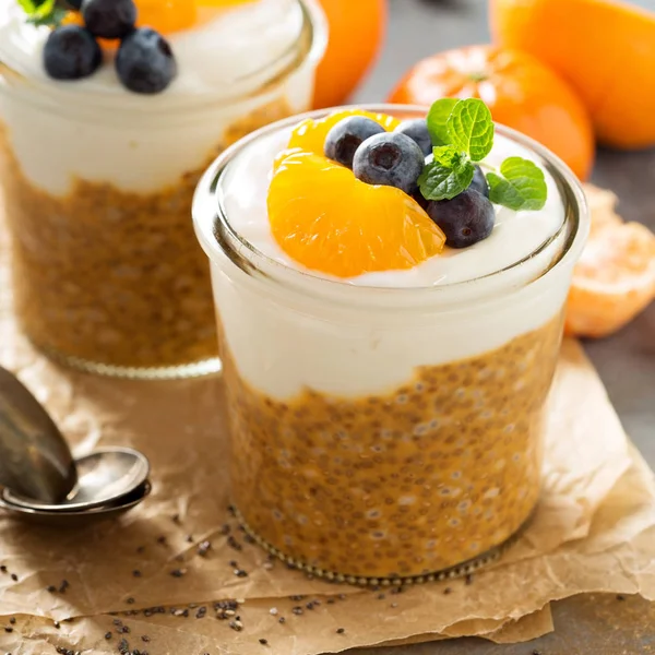 Orange chia pudding with coconut yogurt — Stock Photo, Image