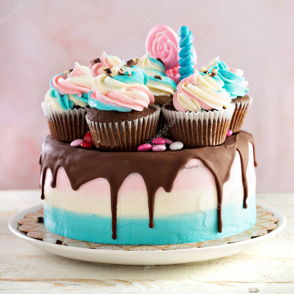 Pink and blue festive cake