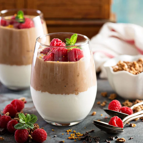Frukost-parfait med yoghurt och choklad smoothie — Stockfoto