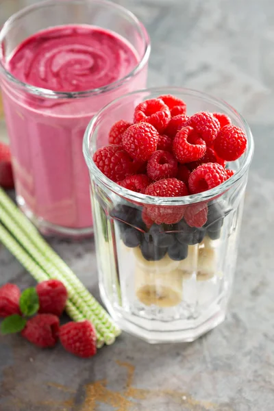 Berry smoothie ingrediënten in hoog glas — Stockfoto