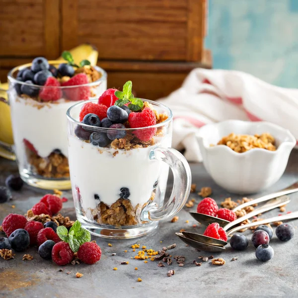 Yogurt parfait with granola and berries — Stock Photo, Image