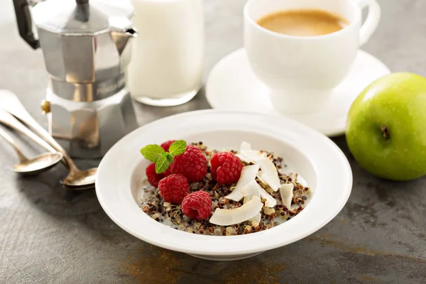 Quinoa-Brei mit Himbeeren und Kokosflocken — Stockfoto