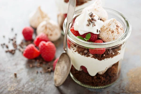 Postre en capas con pastel de chocolate y crema batida — Foto de Stock