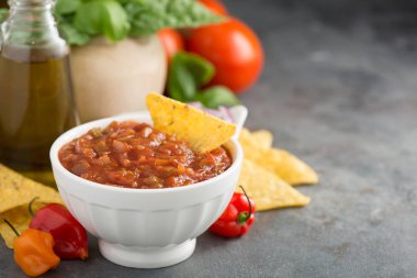 Sebze ve zeytinyağı ile ev yapımı baharatlı domates salsa