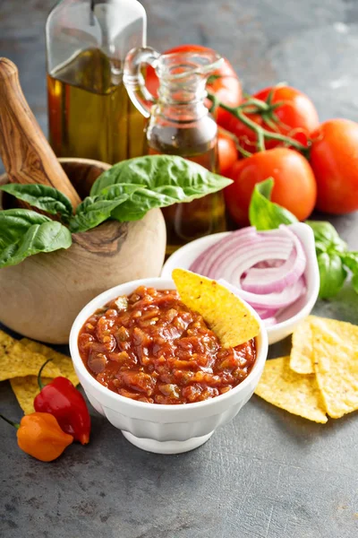 Salsa di pomodoro piccante fatta in casa con verdure e olio d'oliva — Foto Stock