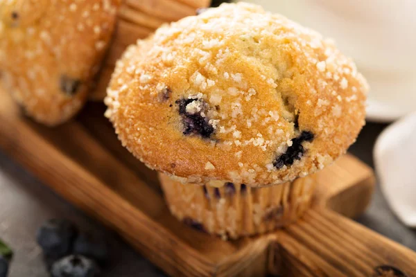 Blueberry and banana muffins with coffee for breakfast — Stock Photo, Image