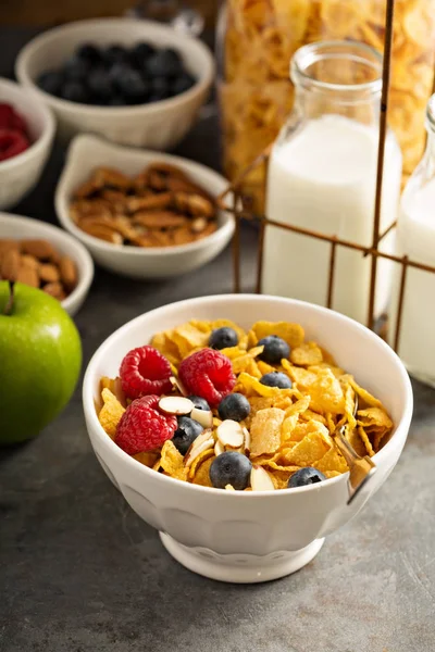 Cereal bar or buffet wih cornflakes, fruit and nuts — Stock Photo, Image