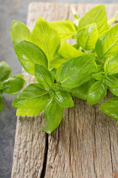 Hojas de albahaca verde fresca sobre una tabla rústica — Foto de Stock