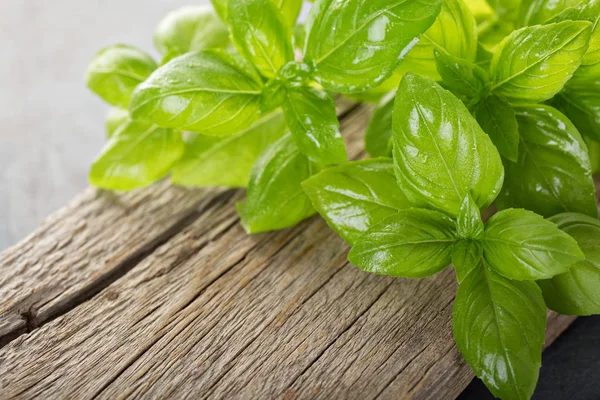 Hojas de albahaca verde fresca sobre una tabla rústica — Foto de Stock