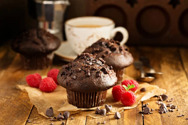 Muffins de chocolate duplo com framboesa — Fotografia de Stock