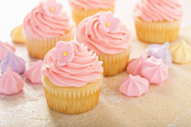 Pembe ahududu buzlanma ile vanilya cupcakes