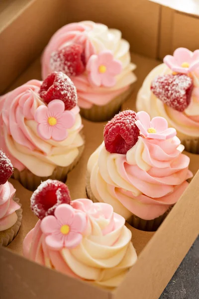 Cupcakes de baunilha e framboesa rosa — Fotografia de Stock