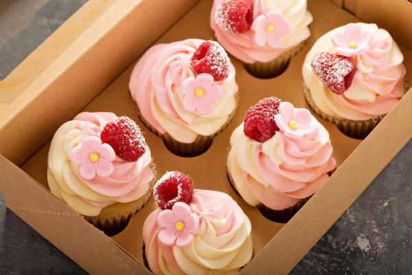 Cupcakes de baunilha e framboesa rosa — Fotografia de Stock