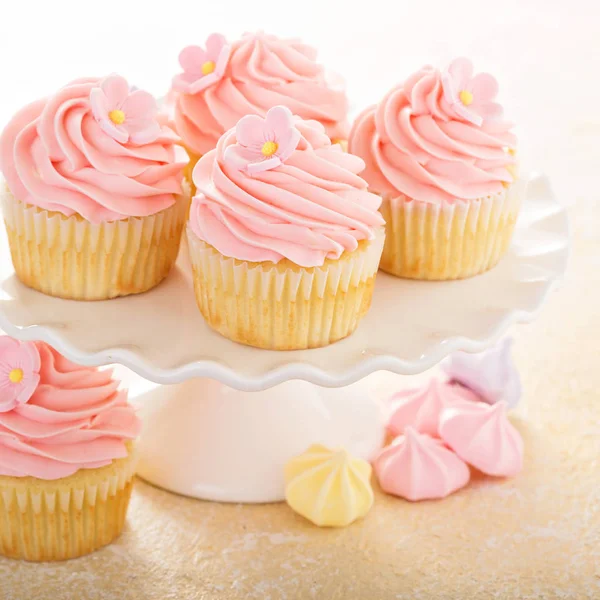 Pembe ahududu buzlanma ile vanilya cupcakes — Stok fotoğraf
