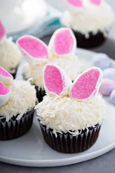 Cupcake al cioccolato di Pasqua con orecchie di coniglio — Foto Stock