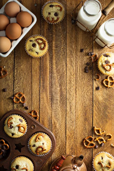 Chocolate chip and pretzel muffins Stock Picture