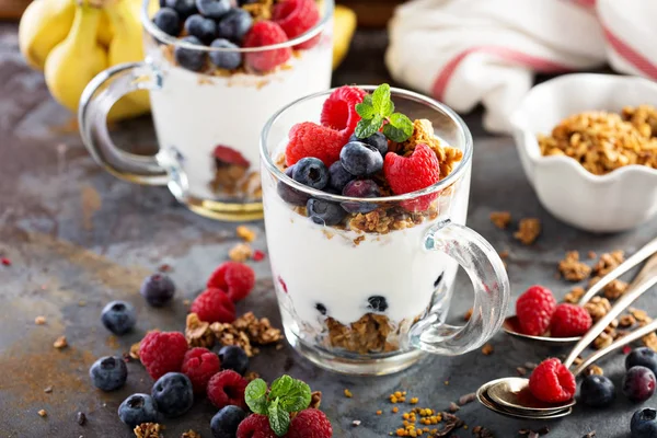 Parfait van yoghurt met muesli en verse bessen — Stockfoto