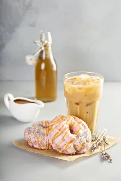 Lavender caramel donuts with coffee