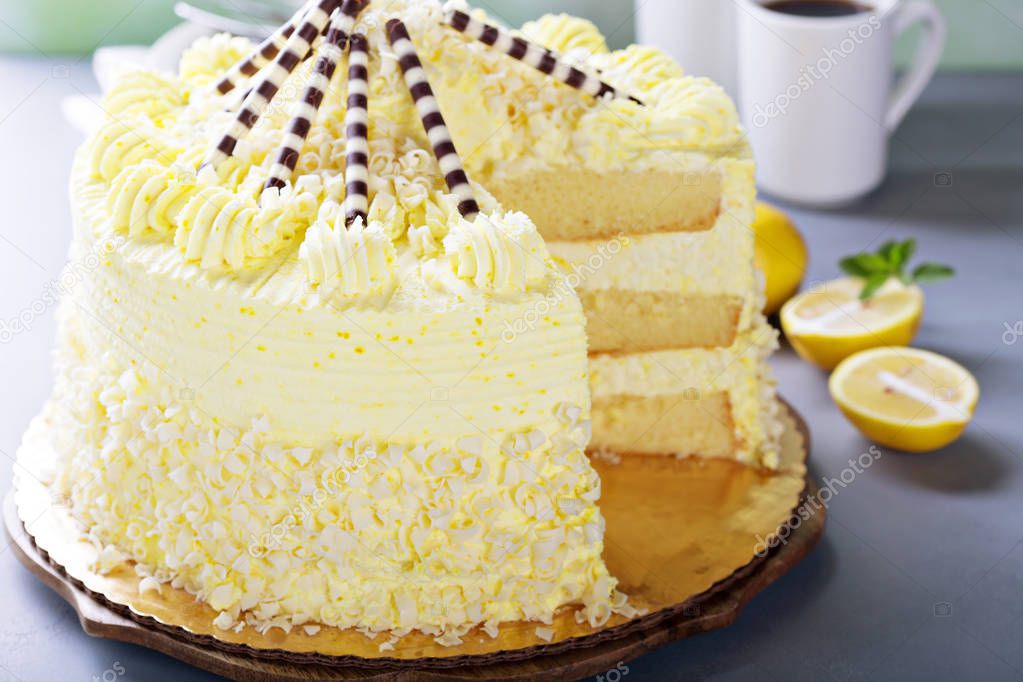 Lemon layered cake decorated with chocolate