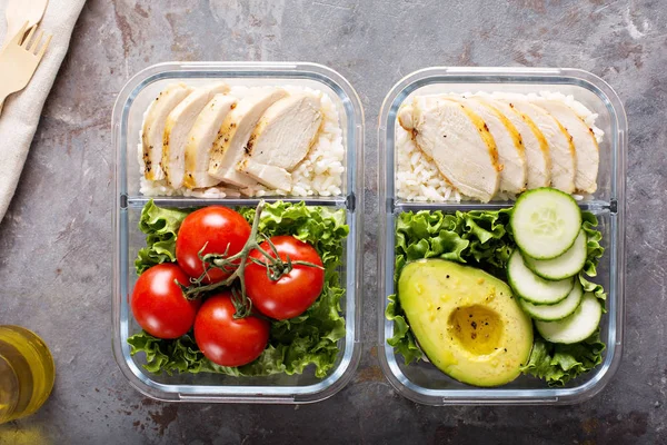 Healthy meal prep containers with chicken and rice — Stock Photo, Image