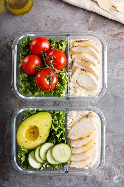 Healthy meal prep containers with chicken and rice — Stock Photo, Image