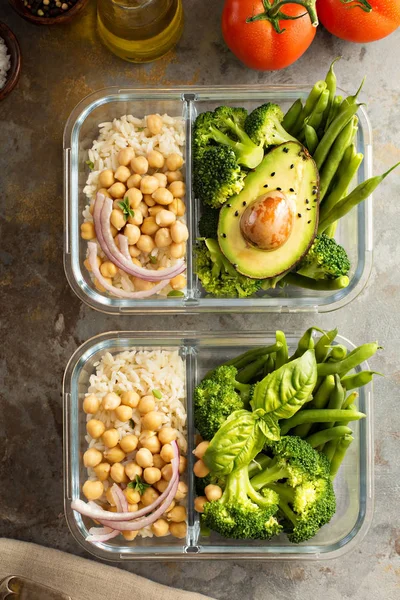 Vegan meal prep containers with cooked rice and chickpeas — Stock Photo, Image