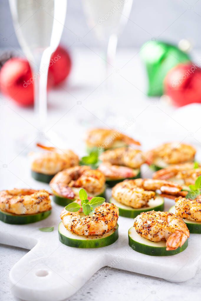 New Years Eve party appetizer, shrimp and cucumber