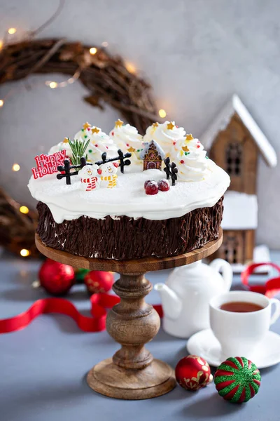 Christmas cake decorated with winter scene — Stock Photo, Image