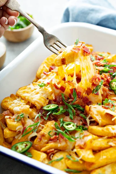 Patatas fritas de queso con tocino y cebolla verde —  Fotos de Stock