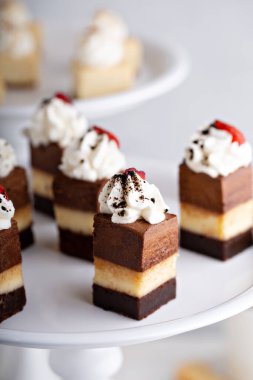 Isırık büyüklüğünde tatlı, üç çikolatalı pasta.